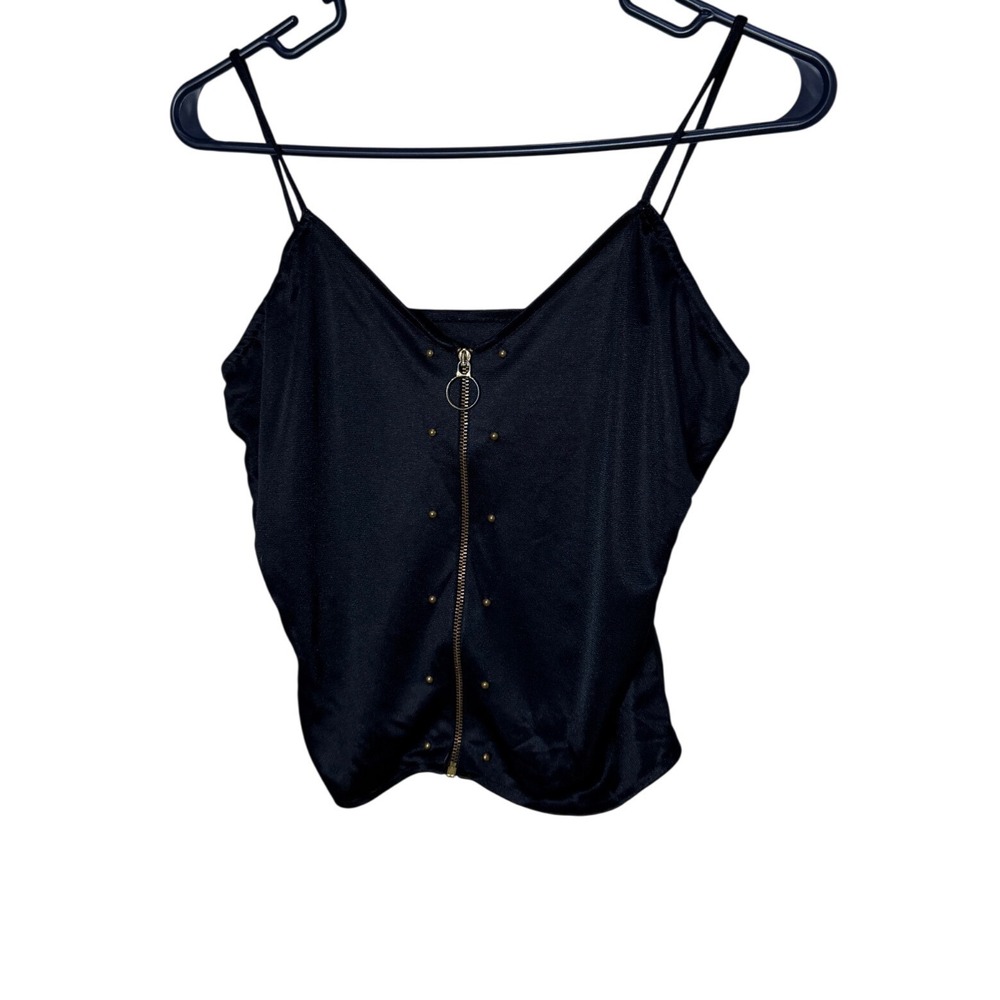 Vintage Fredericks of Hollywood Black Studded Zipper Front Camisole Top Small